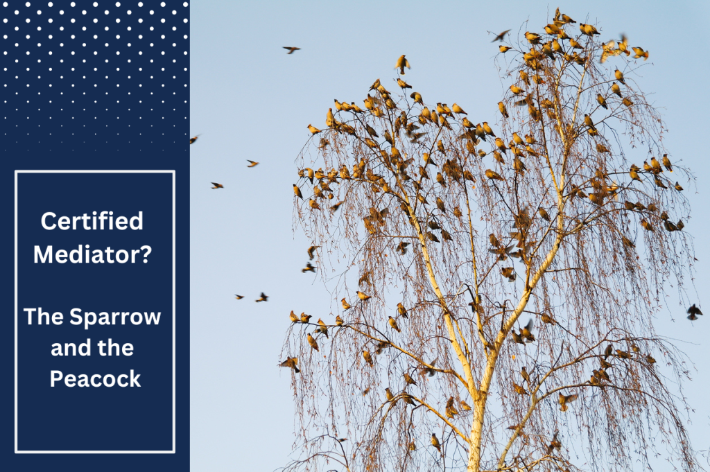 Image of a tree with flock of sparrows flying around